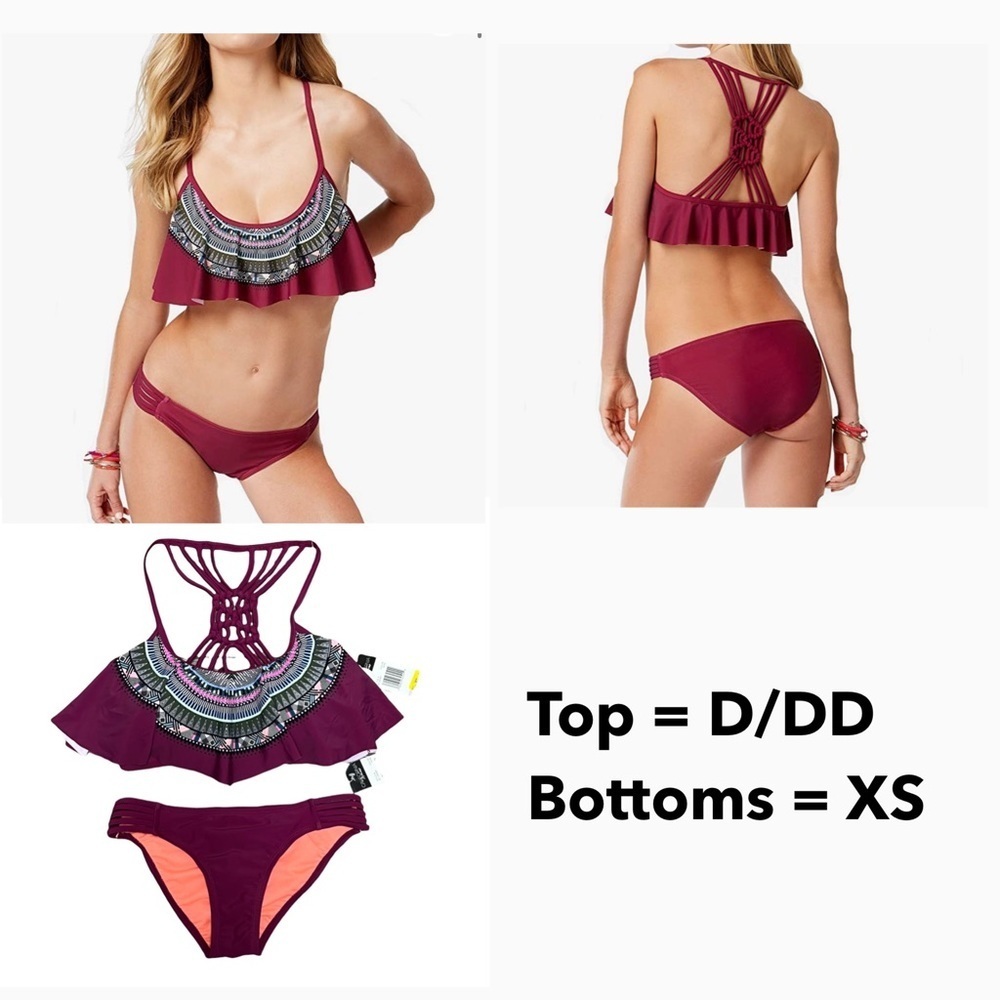 NWT California Waves Flounced Bikini Set Swim Top Purple D/DD Bottoms XS Juniors